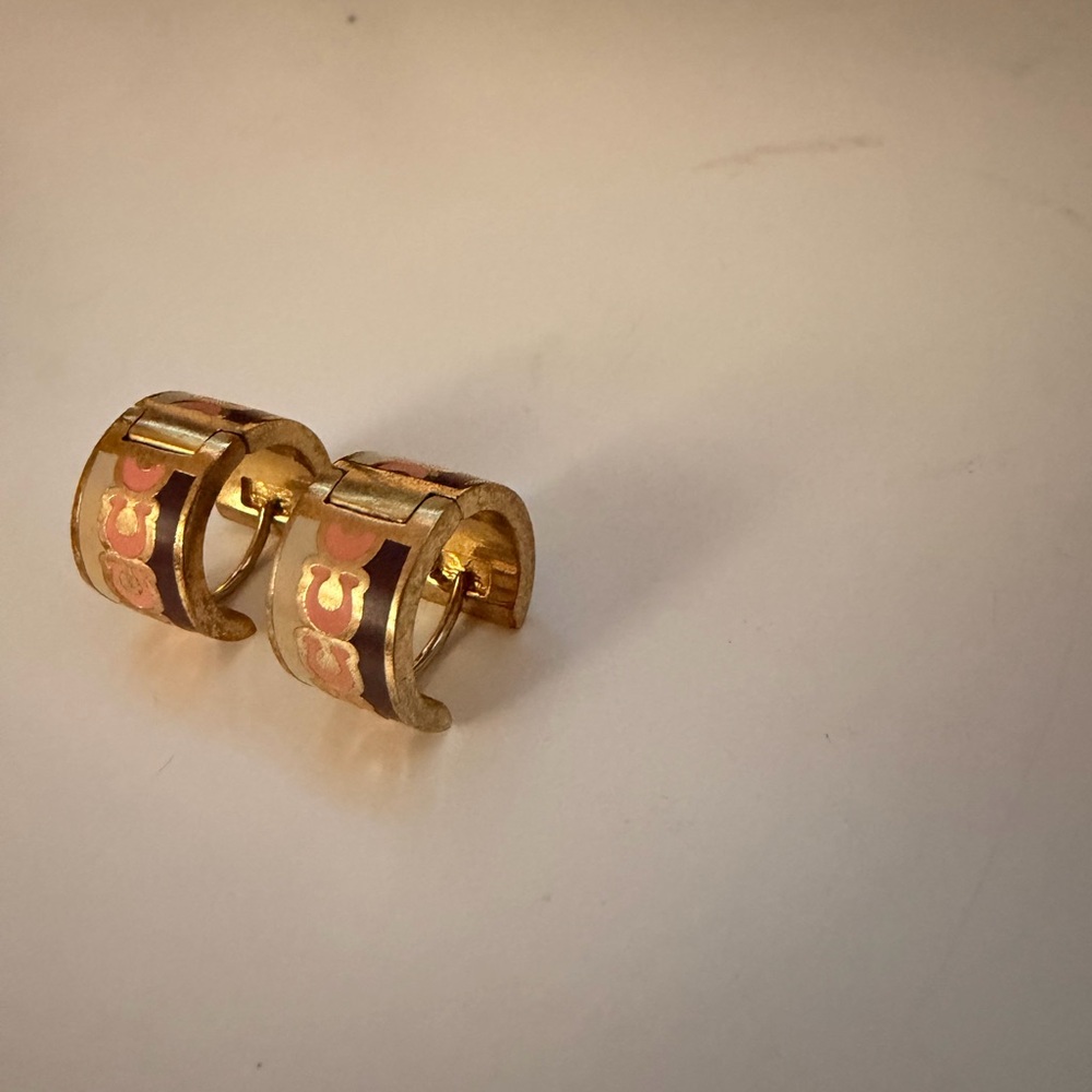 Elegant Coach Gold and Brown Hoop Huggie Earrings